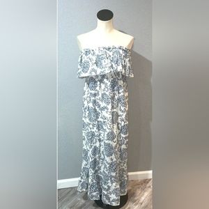 MODA INTERNATIONAL Strapless Floral Linen Maxi Dress Ruffles Blue White Sz S/P